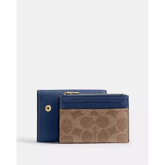 NWT Coach Card Holder Wallet In Signature Canvas CZ034 Tan/Deep Blue - Picture 7 of 10